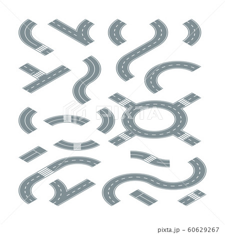 Isometric road. Street elements for city traffic map pedestrian crossing road markings junction circular motion vector 60629267