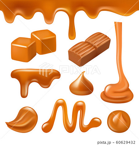 Caramel liquid. Drops and splashes from candy and caramel sweet creamy dessert cooking syrup vector realistic Caramel liquid. Drops and splashes from candy and caramel sweet creamy dessert cooking syrup vector realistic 60629432