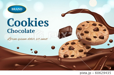 Cookies advertizing. Healthy delicious food chocolate biscuits on table vector ads placard or banner Cookies advertizing. Healthy delicious food chocolate biscuits on table vector ads placard or banner 60629435