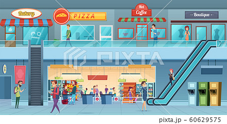 Mall interior. Retailers hypermarket commercial shopping big hall windows vector cartoon illustration Mall interior. Retailers hypermarket commercial shopping big hall windows vector cartoon illustration 60629575