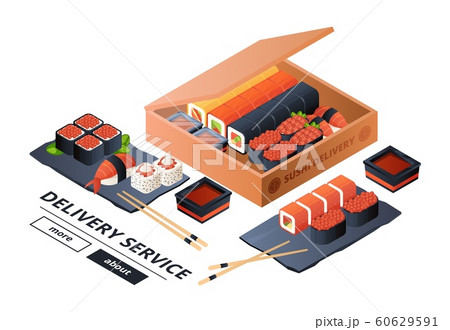 Sushi delivery service vector banner template. Isometric sushi, asian dinner for two illustration 60629591