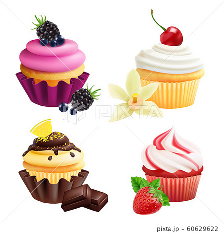 Cupcakes collection. Realistic muffins with cream, fruits, vanilla, chocolate. Vector cupcakes isolated on white background 60629622