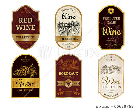 Wine vintage labels. Alcohol wine champagne drinks badges luxury style with pictures of vineyard silhouettes and grapes vector pictures Wine vintage labels. Alcohol wine champagne drinks badges luxury style with pictures of vineyard silhouettes and grapes vector pictures 60629765
