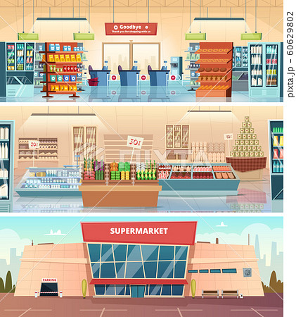Supermarket facade. Grocery food market interior mall inside cashier vector cartoon illustrations 60629802