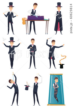Magician. Male performer showmen in black costume and white gloves magic tricks vector cartoon characters Magician. Male performer showmen in black costume and white gloves magic tricks vector cartoon characters 60629814