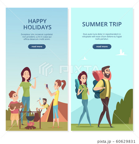 Summer camping vector banners. Family trip and travel illustration 60629831