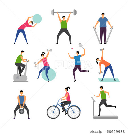 Sport activities. Characters outdoor making some exercises active people running man gymnastics fitness vector pictures 60629988