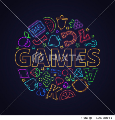 Casino neon symbols. Slot machine game light icon in circle shape fruits heart clover diamond vector linear background Casino neon symbols. Slot machine game light icon in circle shape fruits heart clover diamond vector linear background 60630043