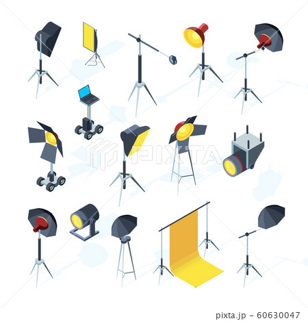 Photo studio tools. Video or tv production equipment flashing and directional light umbrella softbox photo studio vector tools Photo studio tools. Video or tv production equipment flashing and directional light umbrella softbox photo studio vector tools 60630047