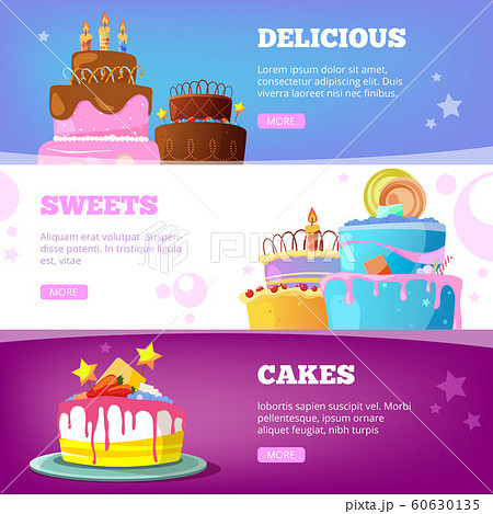 Cake banners. Birthday baking products with syrup chocolate vanilla wedding cakes vector cartoon illustrations Cake banners. Birthday baking products with syrup chocolate vanilla wedding cakes vector cartoon illustrations 60630135