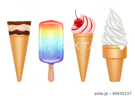 Ice cream. Frozen dessert in hot summer vanilla strawberry and chocolate ice cream with toppings vector realistic collection 60630137