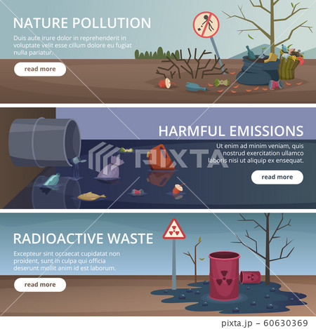 Waste nature banners. Toxic trash in rivers and oceans pollution factory problems air vector pictures Waste nature banners. Toxic trash in rivers and oceans pollution factory problems air vector pictures 60630369
