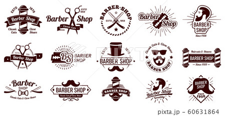 Vintage barber badges. Gentleman haircut styling, barbershop razor and shave salon. Mans hair haircuts badge vector illustration set 60631864