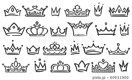 Hand drawn crown. Luxury crowns sketch, queen or king coronation doodle and majestic princess tiara isolated vector illustration set 60631900