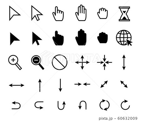 Cursor icons. Web pointer clicking, scale arrow and magnifier icon. Grab hand, pointing arrows and hourglass loading vector set 60632009