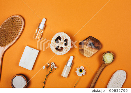 Natural zero waste cosmetics on orange background Natural zero waste cosmetics on orange background 60632796