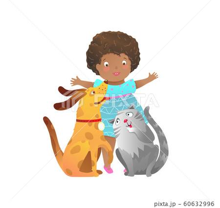 African American Child Girl With Cat And Dog のイラスト素材