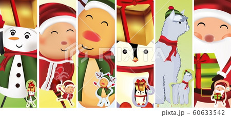 Collection Christmas characters. Christmas snowman, Santa Clause, elves, reindeer, lamas, penguins. Icon set. Vector illustration Collection Christmas characters. Christmas snowman, Santa Clause, elves, reindeer, lamas, penguins. Icon set. Vector illustration 60633542