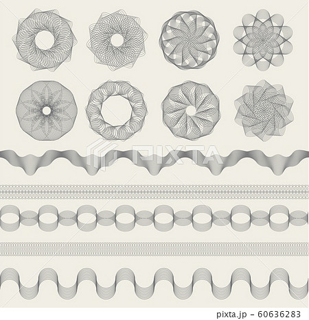 Guilloche graphics. Vintage engraving waves for coupons money banknotes or certificate signs vector collection shapes Guilloche graphics. Vintage engraving waves for coupons money banknotes or certificate signs vector collection shapes 60636283