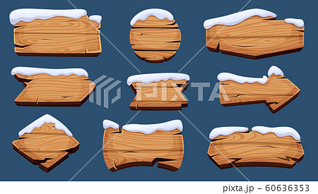 Winter sign boards. Wooden season banners with snow cap vector christmas decoration Winter sign boards. Wooden season banners with snow cap vector christmas decoration 60636353