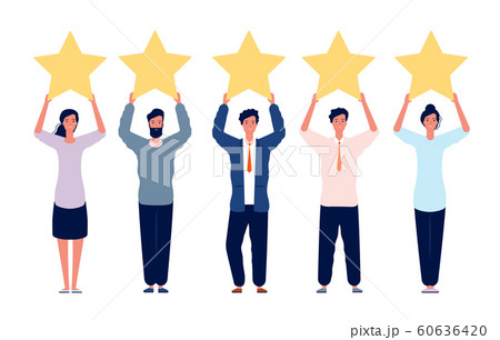 Rating concept. Characters holding gold five stars for positive feedback good review vector flat picture Rating concept. Characters holding gold five stars for positive feedback good review vector flat picture 60636420