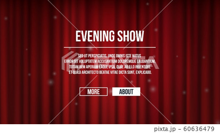 Closed curtains. Red satin theater curtains background. Show time vector banner template, entertaiment landing page Closed curtains. Red satin theater curtains background. Show time vector banner template, entertaiment landing page 60636479