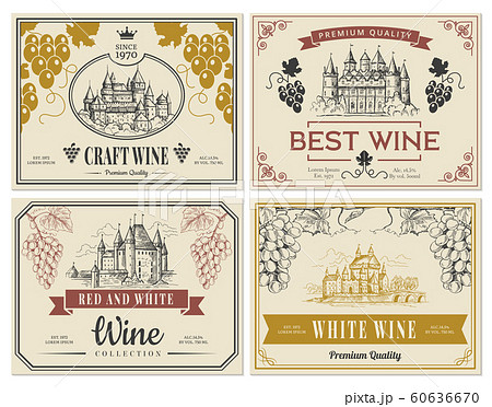 Wine labels. Vintage images for labels old medieval castles and towers architectural objects vector template Wine labels. Vintage images for labels old medieval castles and towers architectural objects vector template 60636670