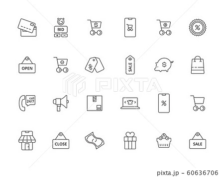 Market online icon. E commerce business purchasing app payments price basket promo coupon vector line pictures 60636706