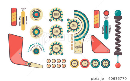 Pinball elements. Buttons coins plunger decorative shadows and forms for game machine vector pinball set 60636770