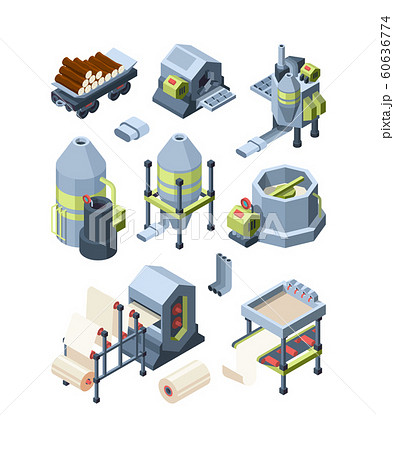 Paper production set. Industrial making paper from wood plants industrial mill pulp paper hone for print house vector isometric pictures 60636774