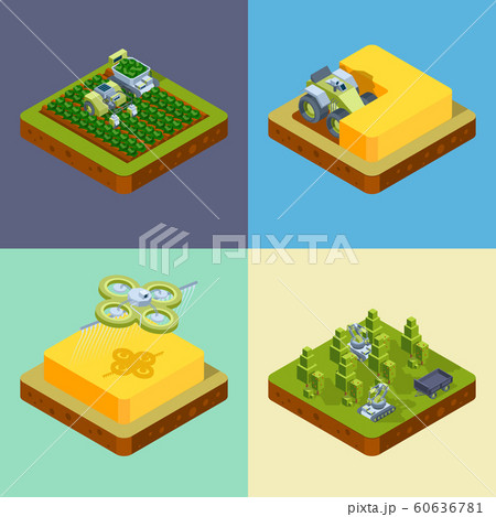Agriculture concept. Smart farming processes harvesting sowing watering network digital driving harvester tractors vector isometric 60636781