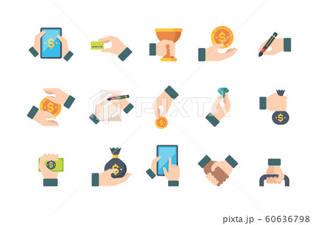 Hands holding. Business items money paper calculator pen clock bulb briefcase contacts documents vector flat symbols Hands holding. Business items money paper calculator pen clock bulb briefcase contacts documents vector flat symbols 60636798