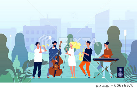 Musicians in garden. Music band performing show in park singers and musical players trees outdoor vector concept characters 60636976