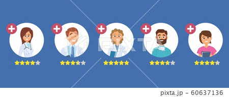 Doctors rating. Five star rating concept. Search good doctor. Medical staff reviews vector illustration Doctors rating. Five star rating concept. Search good doctor. Medical staff reviews vector illustration 60637136
