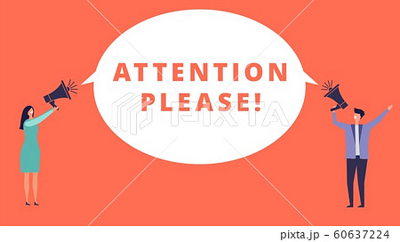 Attention please. Tiny people hold megaphones and banner with important message. Attention vector concept 60637224