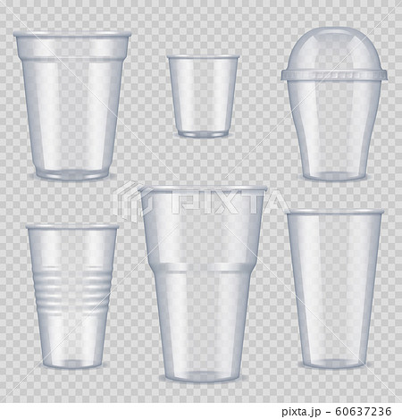 Plastic cups. Transparent empty vessel for beverage food and drinks template of plastic cups vector realistic pictures 60637236