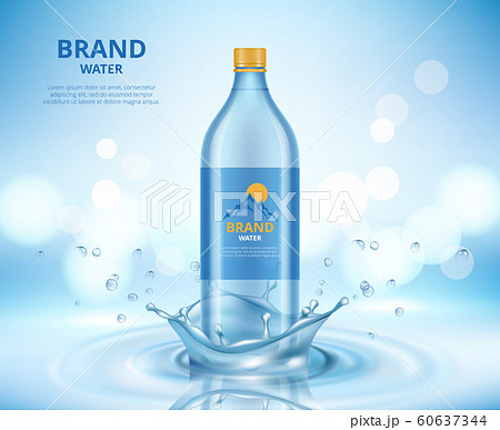 Water advertizing. Clean transparent bottle standing in liquid splashes and drops of water vector realistic placard Water advertizing. Clean transparent bottle standing in liquid splashes and drops of water vector realistic placard 60637344