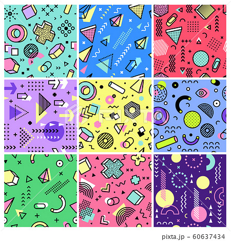 Memphis pattern. Geometrical designs abstract grunge geometrical shapes fashion 90s seamless backgrounds collection Memphis pattern. Geometrical designs abstract grunge geometrical shapes fashion 90s seamless backgrounds collection 60637434