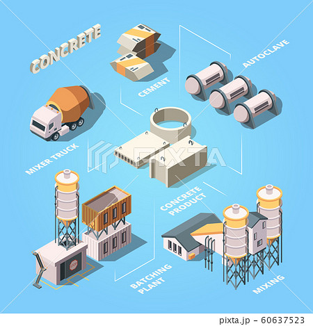 Cement factory. Stage of concrete production production manufactory equipment for work mixer vector isometric composition Cement factory. Stage of concrete production production manufactory equipment for work mixer vector isometric composition 60637523
