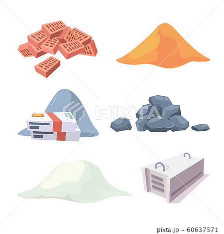 Construction material collection. Equipment for builders cement sand stones pile gypsum block bricks vector pictures 60637571