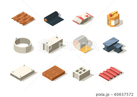 Construction icon. Material for industrial builders wood bricks pile tubes sand bitumen slab roof vector isometric Construction icon. Material for industrial builders wood bricks pile tubes sand bitumen slab roof vector isometric 60637572
