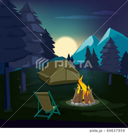 Night Campfire Wooden Landscape With Tent And のイラスト素材