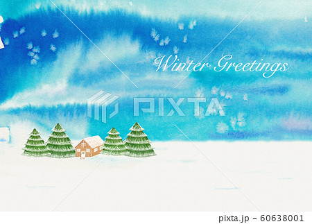 手描き 水彩 冬 雪 風景 はがきサイズ 文字あり 2a のイラスト素材