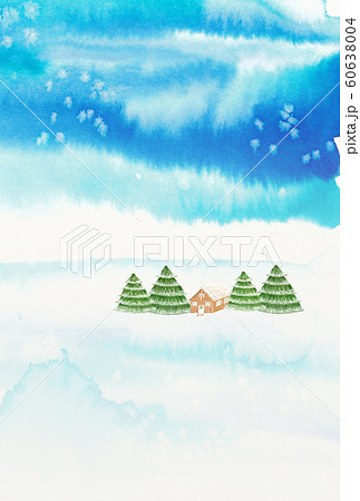 手描き 水彩 冬 雪 風景 はがきサイズ 文字なし 6 のイラスト素材