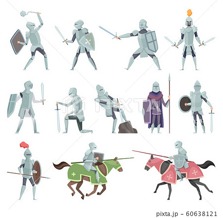 Knights. Medieval battle armor characters crusaders historical battle mascots vector cartoon 60638121
