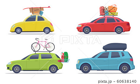 Cars with luggage. Road trip vehicle with suitcases vacation transport vector collection Cars with luggage. Road trip vehicle with suitcases vacation transport vector collection 60638140