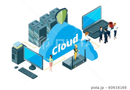 Cloud storage concept. Isometric data transfer vector illustration. Businesspeople and housewife used cloud storage 60638166