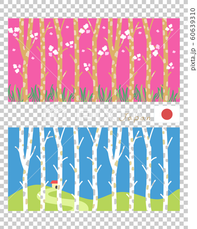 日本 和の色 の春夏秋冬 春と夏 テキスタイル風の風景イラストのイラスト素材