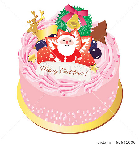 サンタやリースの飾りのついた苺クリームのクリスマスケーキのイラスト素材