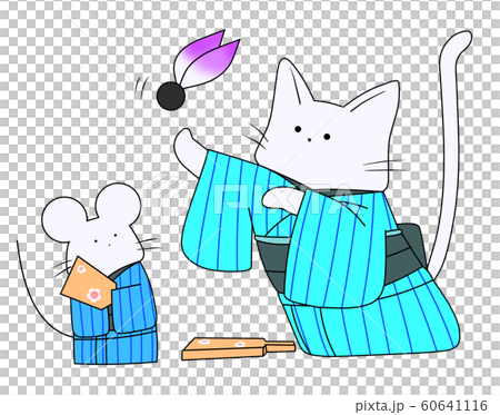 羽根つきをするねずみとねこ（水色） 60641116